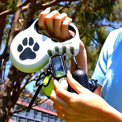 Award-Winning Retractable Dog Leash for Large and Extra Large Dogs (Max 110 lbs) Clip & Go System, Reflective Tape and Ergonomic Handle Includes Clips Poop Bag Holder and Dispenser, White - color: White, size: L/XL - Up to 110 Lbs