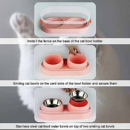 Elevated Cat Food Bowls, Raised Cat Bowl with Stand Stainless Steel, Tilted Bowls Anti Vomiting, Double Cats Food and Water Bowl Set for Cats (Pink) - color: Pink