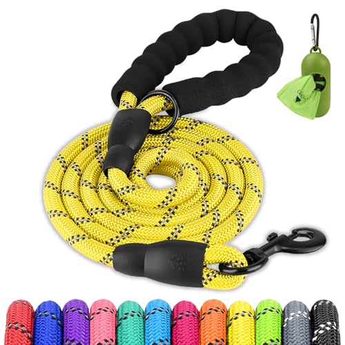 Joytale Dog Leash for Large Dogs, Heavy Duty Nylon Leashes with Comfortable Padded Handle and Highly Reflective Threads, Ideal for Walking and Training, Yellow, 5'×1/2'' - color: Yellow, size: 5FT×1/2'' (20~120 lbs)
