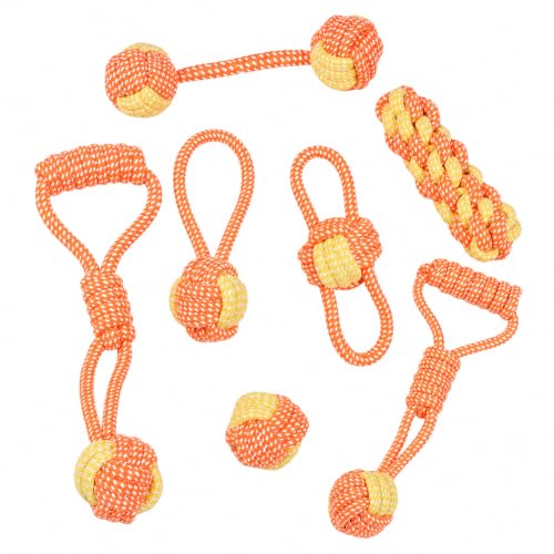Durable Cotton Rope Dog Toys 7 Piece Set, Tough Chew Knot Balls for Teeth Cleaning, Interactive Tug and Fetch Toys for Small Medium Large Dogs, Indoor Outdoor Play - color: Orange 7-piece set