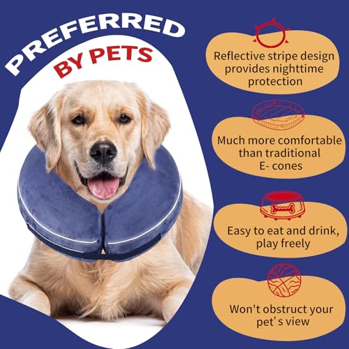 Inflatable Reflective Dog Cone Collar Alternative After Surgery,Doggie Recovery Dount Neck Ecollar,Adjustable Soft Dog Cone Collar for Small Medium Large Dogs (Blue, XL) - color: Blue, size: X-Large（15.5"-18.5"）