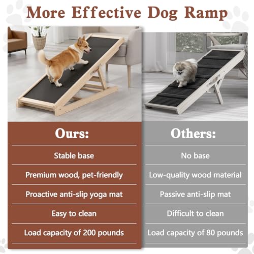 Dog Ramp for Bed Couch Car, 39.4" Long Wooden Steps for Small Pets | 6 Heights 18"-23.6", Holds 200 lbs, Foldable, No Assembly, For Older/Injured Small Pets, Solid Wood, Anti-slip Yoga Mat - size: 39.4"L x 14.5"W x 3.3"H