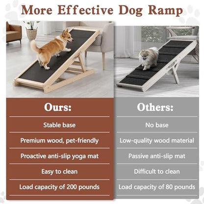 Dog Ramp for Bed Couch Car, 39.4" Long Wooden Steps for Small Pets | 6 Heights 18"-23.6", Holds 200 lbs, Foldable, No Assembly, For Older/Injured Small Pets, Solid Wood, Anti-slip Yoga Mat - size: 39.4"L x 14.5"W x 3.3"H