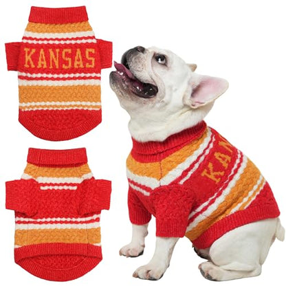 Kansas Small Dog Sweater Football Theme Turtleneck Knit Dog Sweaters for Small Pets Warm Winter Cat Dog Clothes - color: red% yellow, size: Small