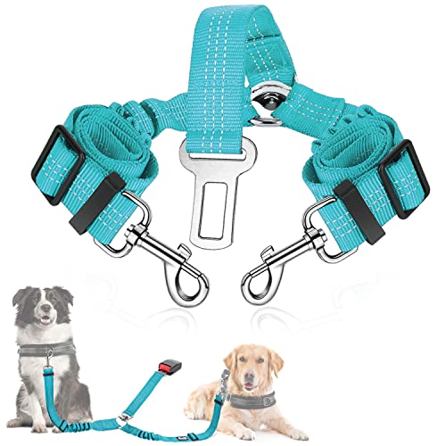 SlowTon Dog Seat Belt, Double Dog Seatbelt Adjustable Vehicle Safety Leash with Elastic Bungee Buffer, Reflective No Tangle Y Shape Two Dog Harness Seat Belt Splitter for Pets Car Trip (Mint Blue, M) - color: C.Mint Blue, size: 2 Medium in 1