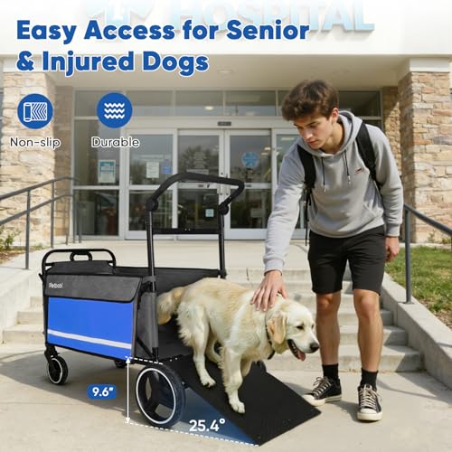 Petbobi Dog Wagon Stroller for Large & Medium Dogs, 2-in-1 Push Pull Pet Cart with Ramp, Foldable Wagon, 360° Swivel Wheels, Adjustable Handles, Safety Leashes, Blue - color: Blue