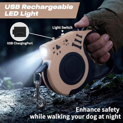 Retractable Dog Leash with USB Rechargeable Flashlight for Night Walks, 16FT Automatic Telescopic Tractor Dog Leash for Small and Medium Dogs, Beige - color: apricot