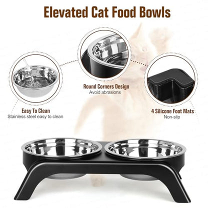 Elevated Cat Bowls - Anti-Vomiting Raised Food Bowl Set With 2 Stainless Steel Bowls, Prevents Neck Pain, ABS Anti-Slip Stand for Indoor Cats & Puppies (Black) - color: Black