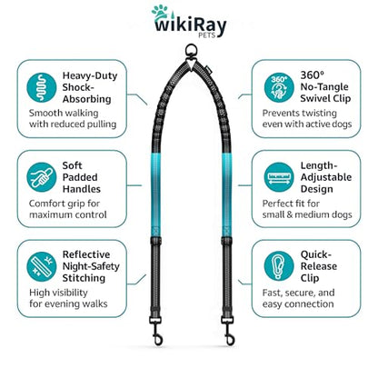 wikiRay Double Dog Leash Coupler for Walking 2 Dogs – No Tangle Dual Dog Splitter with Shock-Absorbing Bungee, Padded Traffic Handles & Reflective Stitching (Sea Green) - color: Sea Green