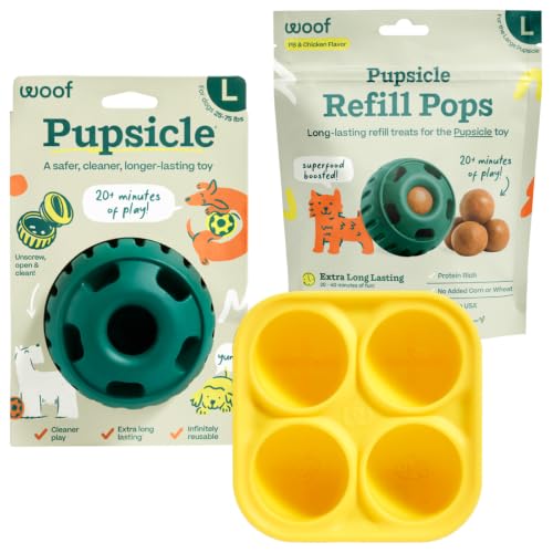 WOOF Starter Pack - Interactive Dog Ball Toy for Boredom - Dog Treat Molds Silicone - Chicken-Flavored Healthy Treats for Dogs - Pupsicle Doggy Enrichment Toy - for Large Pups - 25-75 lbs