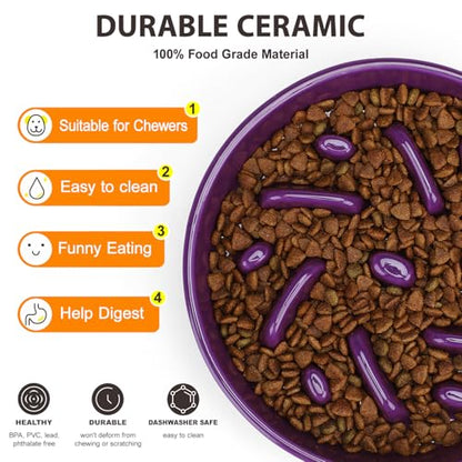 Ceramic Slow Feeder Dog Bowl, 2 Cups Dog Food Bowls for Small, Medium, and Large Breed, Anti-Slip Puzzle Food Dish to Slow Down Eating (Deep Purple, 2 Cups) - color: Maze - Deep purple