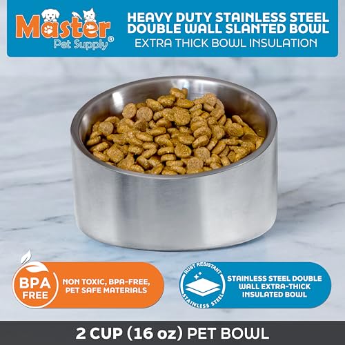 Master Pet Supply Stainless Steel Slanted Dog Cat Food Bowl - 16 oz Heavy Duty - Stainless Steel, Double Wall Insulated, Non-Slip Elevated Bowl for French Bulldogs Pugs Cats, Anti Rust Dishwasher Safe - color: Stainless Steel, size: 2 Cups (16 oz)