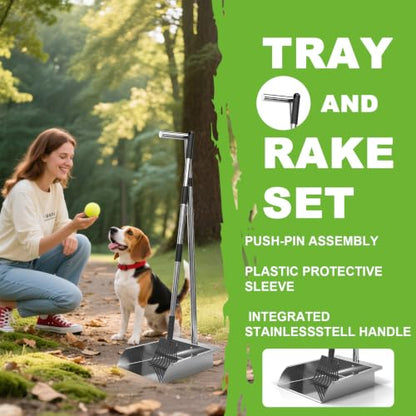 Metal Dog Pooper Scooper with Long Handle Rake and Tray Set for Large Dogs. | Heavy Duty Stainless Steel poop scooper for dogs Suitable for Yard, Garage ，Grass, Dirt & Gravel and Multi-Dog Families