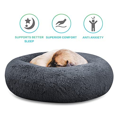 SAVFOX 30 inches Calming Donut Dog Bed - 3X Durable Plush Faux Fur, Machine Washable & Non-Slip, Fits up to 45 lbs, Dark Grey - color: Dark Grey, size: Medium | 30"x30"