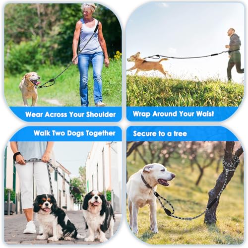 Lukovee Hands Free Dog Leash, 10FT Adjustable Training Lead 1/2 Inch Nylon Heavy Duty Lead No Pull for Large Medium Dogs, Tangle Free Reflective Waist-Leash for Walking Running(Xie-Black, plus Handle) - color: Black Diagonal Stripe