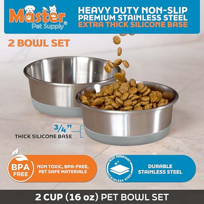 Master Pet Supply Stainless Steel Dog Bowls Set of 2 with Extra Thick Silicone Base - 2 Cup (16 oz) Graphite, Non-Slip, Dishwasher Safe Metal Bowls, Pet Dog Food Bowl for Dogs, Cats, Anti Rust - color: Graphite, size: 2 Cups (16 oz) 2 Pack