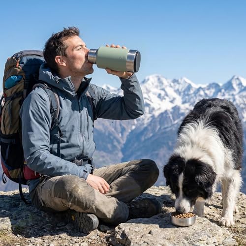 32oz Insulated Dog Water Bottle Dispenser, 3-in-1 Stainless Steel Travel Cup with 2 Detachable Food and Water Bowls, Leak Proof Large Pet Gear, Ideal Gift for Dog Lovers - color: green