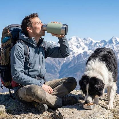 32oz Insulated Dog Water Bottle Dispenser, 3-in-1 Stainless Steel Travel Cup with 2 Detachable Food and Water Bowls, Leak Proof Large Pet Gear, Ideal Gift for Dog Lovers - color: green