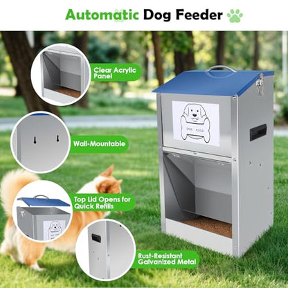 Automatic Dog Feeder,Galvanized Metal Pet Food Station for Indoor & Outdoor Use,50LBS Capacity Automatic Food Dispenser for Small, Medium, and Large Dog - size: 50 Pound