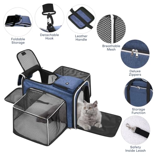 Pet Carrier, Large Soft Sided Expandable Travel Carrier with Steel Frame, Anti-Scratch Mesh, Removable Fleece Pad and Pockets for Cats, Dogs and Small Animals up to 15 lbs (Blue, 4 Sides Expandable) - color: Blue