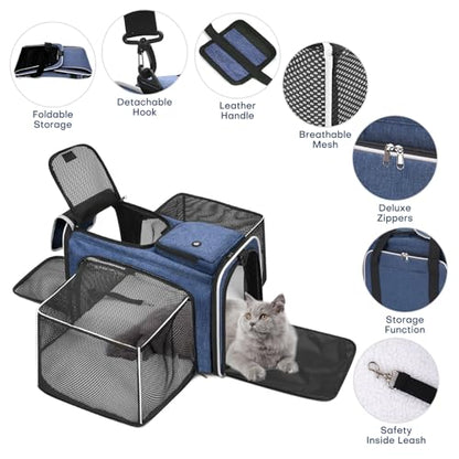 Pet Carrier, Large Soft Sided Expandable Travel Carrier with Steel Frame, Anti-Scratch Mesh, Removable Fleece Pad and Pockets for Cats, Dogs and Small Animals up to 15 lbs (Blue, 4 Sides Expandable) - color: Blue