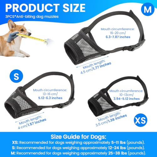 3pack Dog Muzzle Suits for Small Medium Large Dogs, Drinkable Breathable Mouth Guard, Adjustable Strap Soft Dog Muzzle to Prevent Biting Chewing, Air Mesh Muzzles for Scavenging Licking (XS+S+M)
