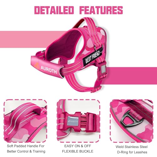 AUROTH Dog Harness and Leash Set, Soft Padded Service Dog Vest with 5.25FT Dog Leash, No Choke, Easy On Pet Vest, Adjustable Reflective No Pull Dog Harness for Large Dogs, Easy Walking and Training - color: Pink Camo, size: L(Neck:19.7"-25.6",Chest:26"-33