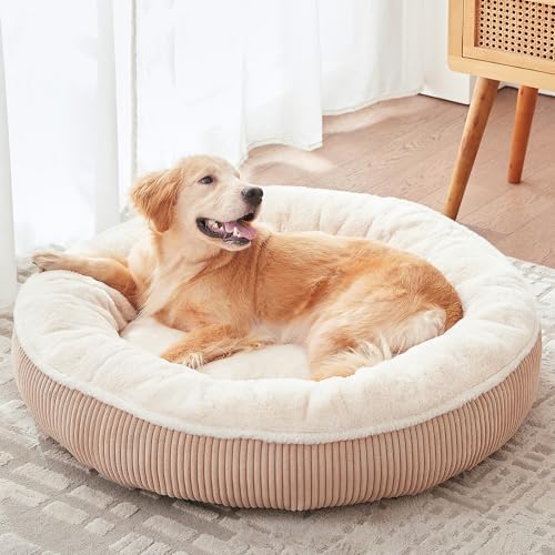 36 inches Donut Dog Bed for Large Dogs - Calming Round Pet Bed with Removable&Washable Cover, Plush Faux Fur & Corduroy, Fits Pets up to 80 lbs(Brown,Large) - color: Brown, size: 36.0"L x 36.0"W x 8.0"Th