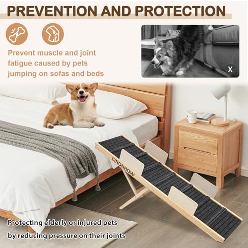 Upgraded Dog Ramp for Bed, Couch, Car, 63" Long Foldable Pet Ramp, Non-Slip Pad & Safety Baffle-6 Adjustable Height 12" to 30", Portable Stable Pet Steps for Small & Medium Old Dogs & Cats ﻿