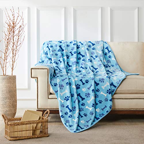 Allisandro Luxurious Dog Blanket, 350 GSM Super Fuzzy Microplush Fleece Pet Blankets for Small Medium Large Dogs and Cats, Blue Paw and Bone, 40" x 32" - color: Blue Paw and Bone, size: 40" x 32"