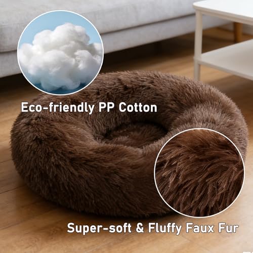 Calming Donut Dog Bed Medium Size Dog - Washable Removable Cover Non-Slip Bottom, Round Pet Bed Cat Bed Warming Fluffy Plush Faux Fur Anti-Anxiety, Fits up to 45 lbs (Coffee, 30") - color: Coffee, size: 30"L x 30"W x 8"Th