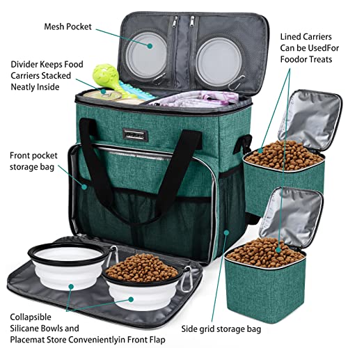 BAGLHER Pet Travel Set Airline-Approved Carrier for Small/Medium Cats & Dogs + Travel Bag with Food Containers & Silicone Bowls, Grey & Green - color: Green, size: Medium