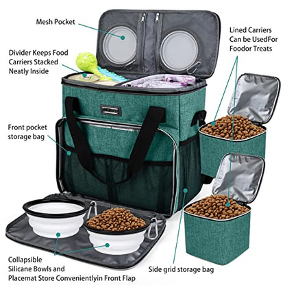 BAGLHER Pet Travel Set Airline-Approved Carrier for Small/Medium Cats & Dogs + Travel Bag with Food Containers & Silicone Bowls, Grey & Green - color: Green, size: Medium