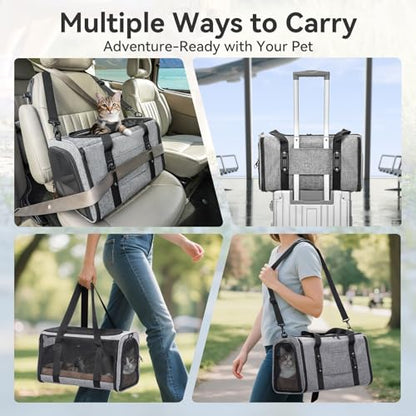 PETSFIT Soft-Sided Cat Carrier with Patented Safety Buckles, Lockable Zippers & Safety Tether,Escape-Resistant Travel Pet Carrier for Car Rides & Vet Visits, Airline Approved Under-Seat, Up to 12 lbs - color: Gray, size: 18.0"L x 11.0"W x 11.0"H