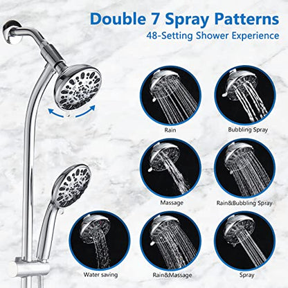 High Pressure 48-Settings Shower Head with Handheld Shower,Drill-Free 3-Way Diverter for Easy Reach,Adjustable Height Slide Bar Dual Shower Head Combo Set - Chrome - color: Chrome