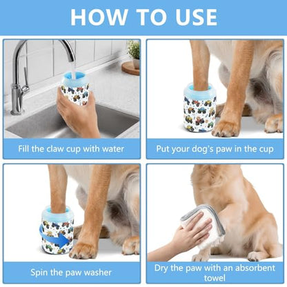 Monster Trucks White Pattern Dog Paw Cleaner Cup with Soft Silicone Brush, Lightweight Small Portable Muddy Paw Washer for Dogs, Easy to Use Pet Foot Cleaner