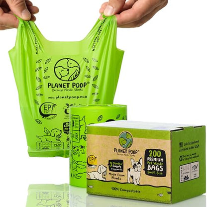Planet Poop Compostable Dog Poop Bags for Small Pets, Large Single Roll 200 Mini Size Grab & Go, Biodegradable Un-Scented Dog Waste Bags with Handles, Leakproof Doggy Cat Bag, Plant Based Pet Supplies - size: 200 Count (Pack of 1)