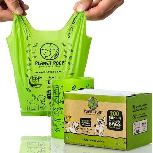 Planet Poop Compostable Dog Poop Bags for Small Pets, Large Single Roll 200 Mini Size Grab & Go, Biodegradable Un-Scented Dog Waste Bags with Handles, Leakproof Doggy Cat Bag, Plant Based Pet Supplies - size: 200 Count (Pack of 1)