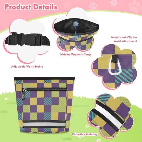 Grid Water-Resistant Dog Treat Pouch, 3 Ways to Wear Treat Bag with Magnetic Closure & Reflective Strip, Hands-Free for Pet Training, Walking