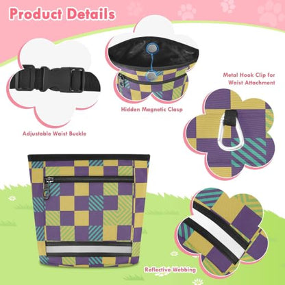 Grid Water-Resistant Dog Treat Pouch, 3 Ways to Wear Treat Bag with Magnetic Closure & Reflective Strip, Hands-Free for Pet Training, Walking