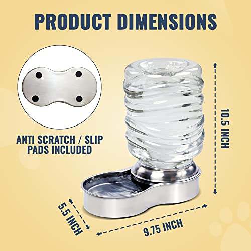 Dog Water Bowl Dispenser - Automatic Slow Refilling System Keeps Stainless Steel Drinking Dish Filled - Refillable 3 Liter Bottle, Non-Skid Feet - Clean, Safe, & Fresh Drink for Pet Dogs