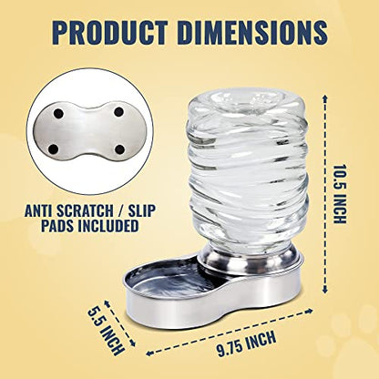 Dog Water Bowl Dispenser - Automatic Slow Refilling System Keeps Stainless Steel Drinking Dish Filled - Refillable 3 Liter Bottle, Non-Skid Feet - Clean, Safe, & Fresh Drink for Pet Dogs