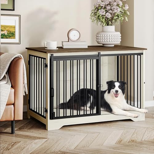Hzuaneri 39.4" Heavy Duty Dog Crate Furniture with Barn Door, Wood Indoor Dog Crate Kennel for Small/Medium/Large Dogs, End Side Table, TV Stand, Anti-Chew Anti-Escape, White Brown DFC02314B - color: White Brown, size: 39.3"L x 23.6"W x 26.8"H