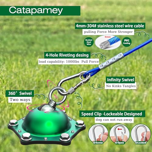 Catapamey Dog Tie Out Cable and Stake,360°Swivel Dog Run Anchors-with 15FT Heavy Duty tie Out Cable- No Tangle,Dog Runner for Yard- Up to 200 lbs,for Outdoor Camping Gift - size: dog stake+15ft cable/200lbs