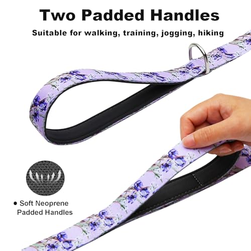 Double Handle Dog Leash 6ft with 2 Padded Handles, Cute Purple Dog Leash with Soft Dual Handle, Walking Training Lead for Medium and Large Dogs, Lavender Lily - color: Lavender Lily, size: 1 in x 6 ft