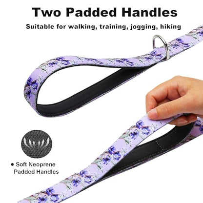 Double Handle Dog Leash 6ft with 2 Padded Handles, Cute Purple Dog Leash with Soft Dual Handle, Walking Training Lead for Medium and Large Dogs, Lavender Lily - color: Lavender Lily, size: 1 in x 6 ft