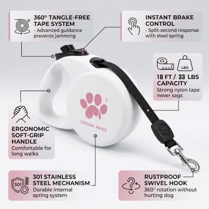 Chew Proof Retractable Dog Leash for Small Dogs up to 33lbs, 10ft Heavy Duty Dog Lead with Anti-Chewing Steel Wire Rope, Tangle-Free, One-Hand Brake & Lock, White S - color: White, size: Small