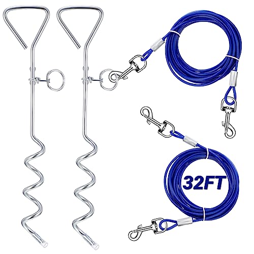 Amylove 2 Set Dog Tie Out Cable and Stake 32ft Leash Chain 16" Spiral Stake Heavy Duty Leash and Stakes for Outside Yard Camping Beach for Medium to Large Dogs up to 125 Lbs(Blue) - color: Blue