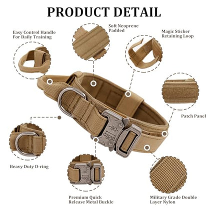 Tactical Dog Collar with Handle - Military Adjustable Dog Training Collar Soft Nylon and Heavy Duty Metal Buckle for Medium Large Dogs - with Patch (Brown, Large) - color: Brown, size: Large