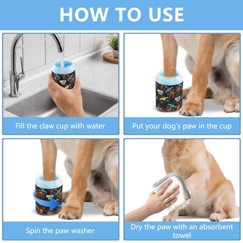 Monster Truck Black Gray Print Dog Paw Cleaner Cup with Soft Silicone Brush, Portable Small Lightweight Muddy Paw Washer for Dogs, Easy to Use Pet Foot Cleaner